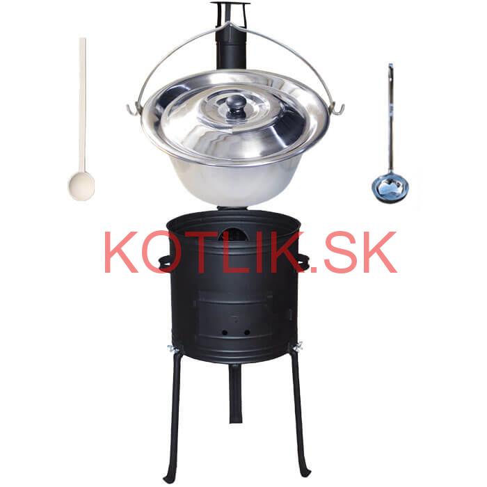 Antikorový kotlík 22 L (0,8 mm) + kovová kotlina s vysokými nožičkami 42 cm + vareška a naberačka
