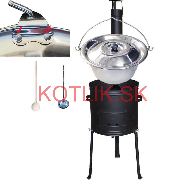 Antikorový kotlík 15 L (0,8 mm) zosilnený s nitmi + kovová kotlina s vysokými nožičkami 36 cm, žiaruvzdorná farba Plus 700 + vareška a naberačka