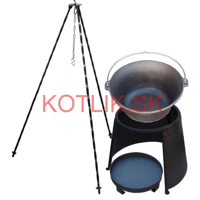 Liatinový kotlík 7,2 L + chránič plameňa 32 cm + ohnisko 36 cm + trojnožka 1,2 m