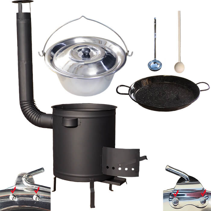 Nerezový kotlík 15 L (0,8 mm) zosilnený s nitmi + Paella panvica 38 cm + hrubostenná (1,5 mm) žiaruvzdorná kotlina 36 PLUS 600