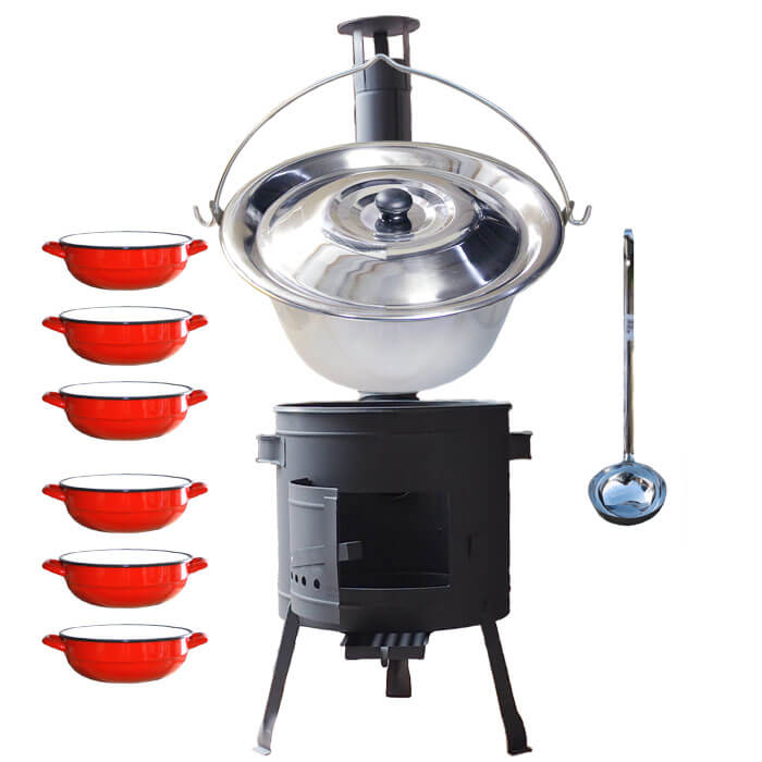 Nerezový kotlík 20 L (1,2 mm) INOX + selské misky 6 ks + nízka žiaruvzdorná kotlina 42 cm PLUS 600