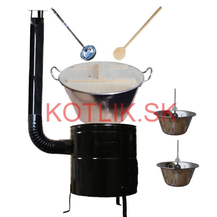 Zabíjačkový nerezový kotol 100 L, kovová kotlina 60 cm, smaltovaná pokrievka + 2 servírovacie antikorové kotlíky