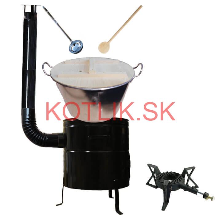 Zabíjačkový nerezový kotol 100 L, kovová kotlina 60 cm, drevená pokrievka, horák 7 kW + dymovod