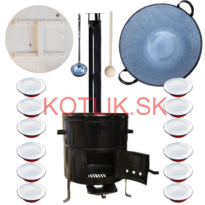 Smaltovaný kotol 100 L + smaltované taniere 12 ks + vareška a naberačka BIG PARTY