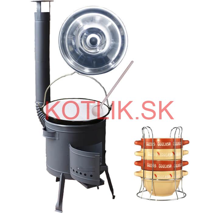 Smaltovaný kotlík 25 L (1,2 mm) + misky na guláš 4 ks + nízka žiaruvzdorná kotlina 42 PLUS 600
