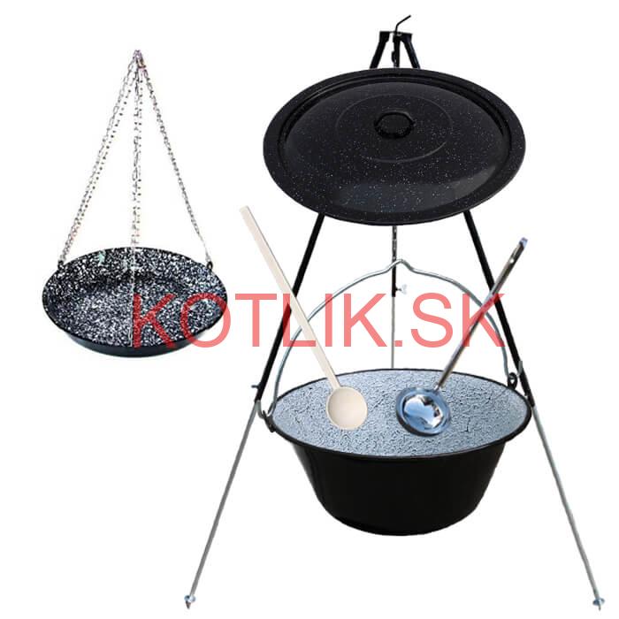 Smaltovaný kotlík 30 L + panvica na grilovanie + teleskopická trojnožka