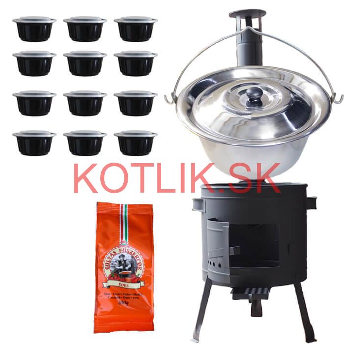 Nerezový kotlík 22 L (0,8 mm) + korenie na guláš 100 g + misky 12 ks + nízka žiaruvzdorná kotlina (0,8 mm) 42 PLUS 600