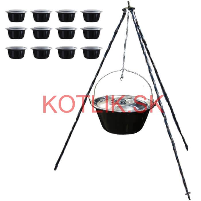 Smaltovaný kotlík 13 L + pokrievka + stojan + misky 12 ks