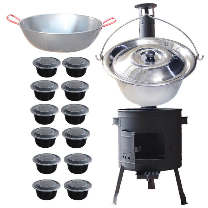 Nerezový kotlík 22 L (0,8 mm) INOX + Panvica PAELLA (WOK) 45 cm + misky 12 ks + nízka kotlina 42 PLUS 600