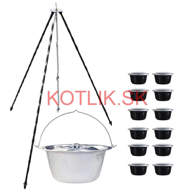 Nerezový kotlík 10 L (0,8 mm) + antikorová pokrievka + stojan + misky 12 ks