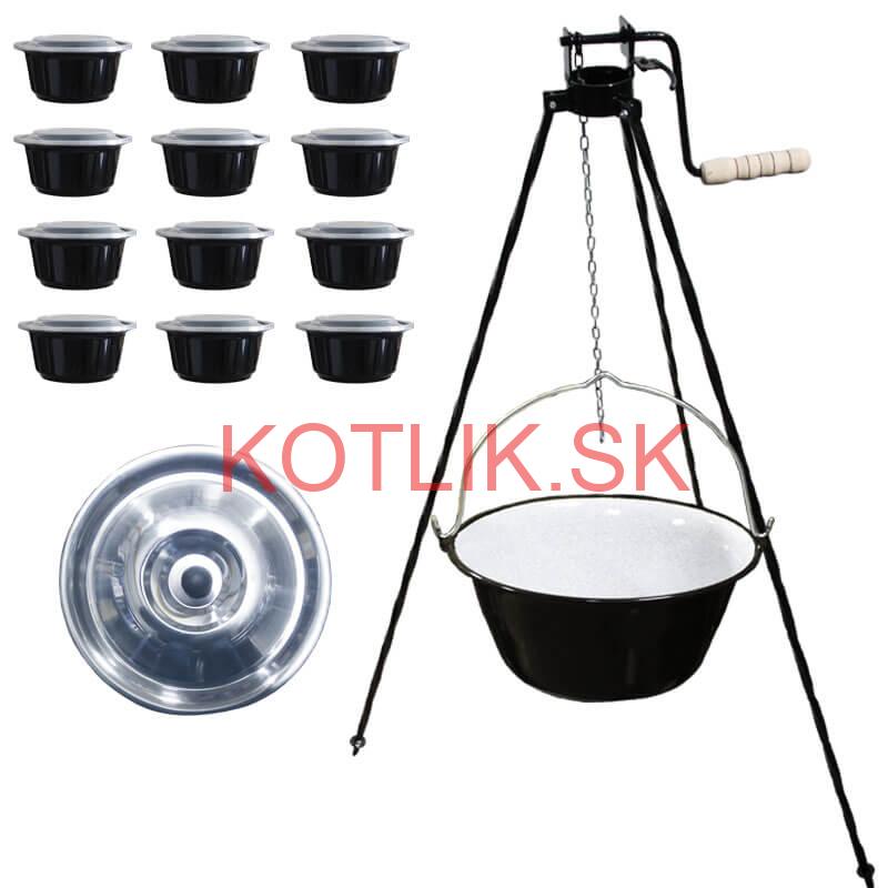 Smaltovaný kotlík 25 L + stojan s kladkou VAR + misky 12 ks