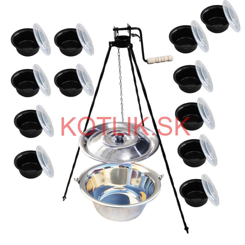 Nerezový kotlík 20 L (0,8 mm) + stojan s kladkou VAR + misky 12 ks