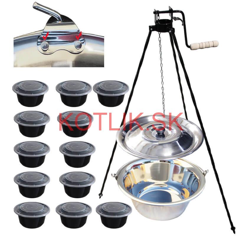 Antikorový kotlík 15 L (0,8 mm) s nitmi + stojan s kladkou VAR + misky 12 ks