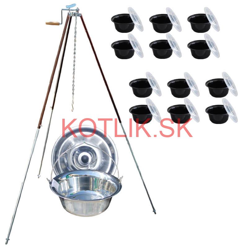 Antikorový kotlík 20 L (1,2 mm) + teleskopická trojnožka s poistnou kladkou + misky 12 ks