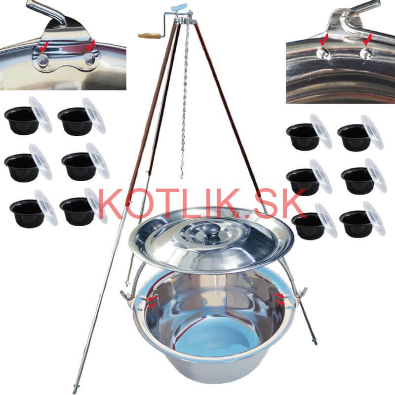 Antikorový kotlík 30 L (0,8 mm) s nitmi + teleskopická trojnožka s poistnou kladkou + misky 12 ks