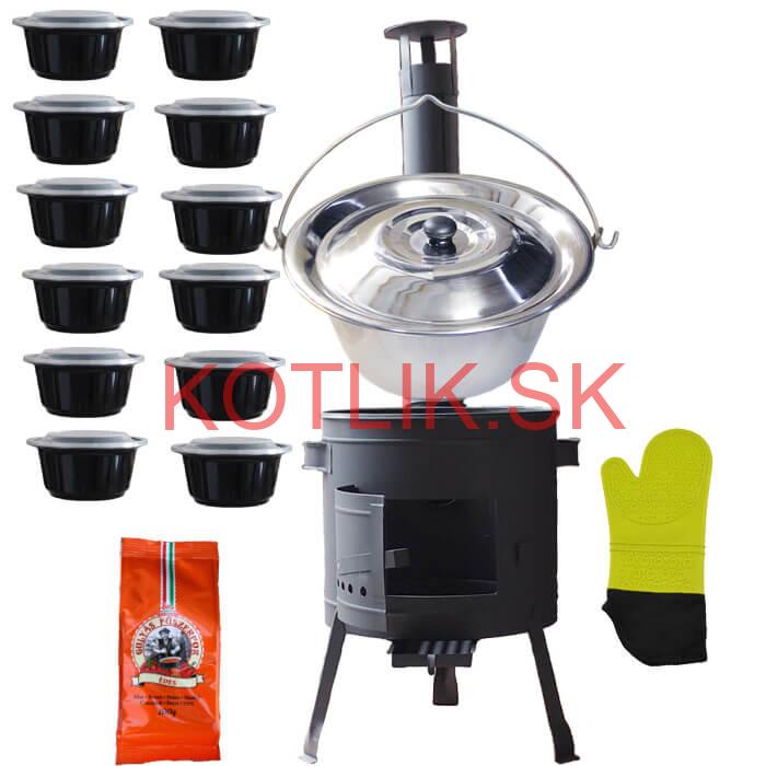 Nerezový kotlík 22 L (0,8 mm) + misky 12 ks + nízka žiaruvzdorná kotlina (0,8 mm) 42 PLUS 600