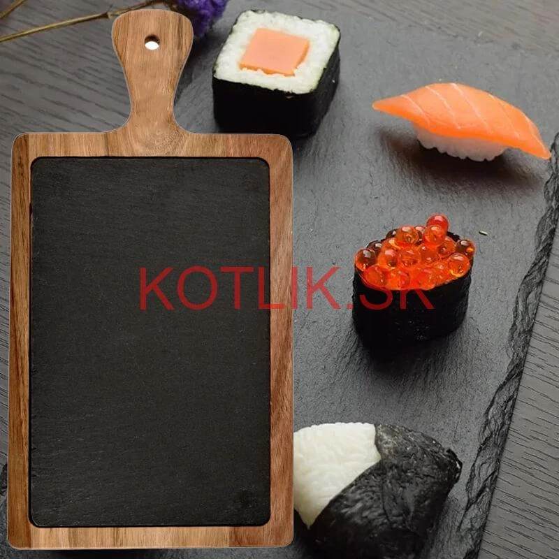 Servírovací podnos s bridlicovou doskou a rukoväťou z akáciového dreva 26 x 18 cm