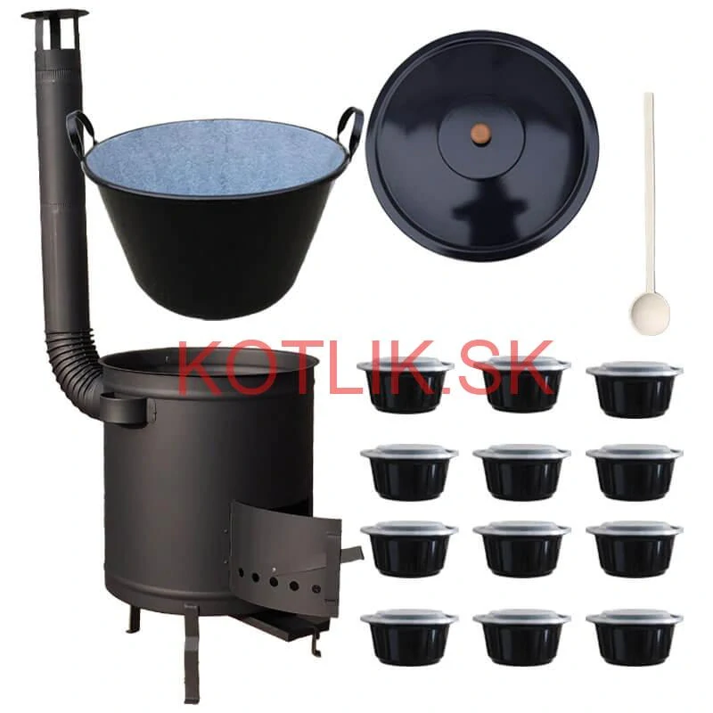 Smaltovaný kotol 60 L + hrubostenná kotlina 53 cm (2 mm) STRONG PLUS 600 + misky 12 ks