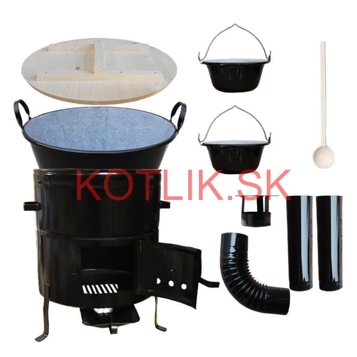 Zabíjačkový smaltovaný kotol 100 L, drevená pokrievka + kovová kotlina 60 cm + 2 servírovacie kotlíky