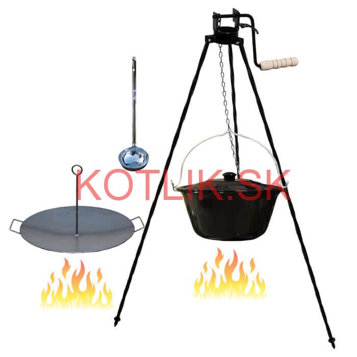 Smaltovaný kotlík 16 L (1,2 mm) + panvica na grilovanie a stojan s kladkou VAR