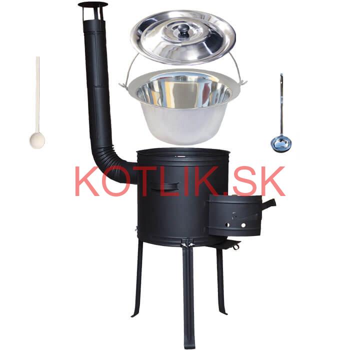 Antikorový kotlík 22 L (0,8 mm) + kovová kotlina s vysokými nožičkami 42 cm + vareška a naberačka