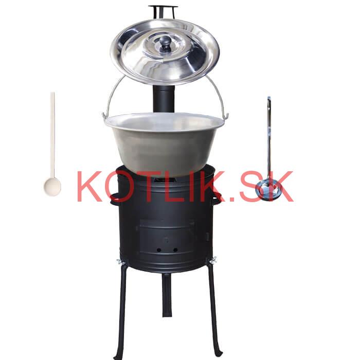 Nerezový kotlík 15 L (1,5 mm) + kovová kotlina s vysokými nožičkami 36 cm, žiaruvzdorná farba Plus 700 + vareška a naberačka