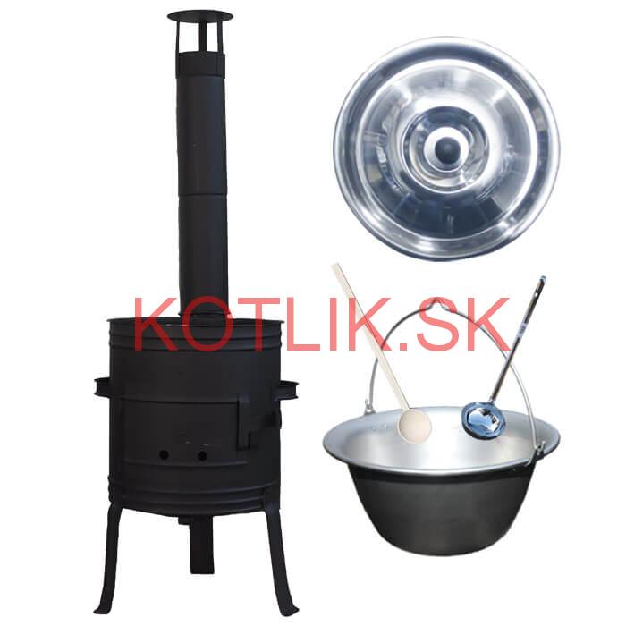 Nerezový kotlík 10 L (1,5 mm) + nízka žiaruvzdorná kotlina 33 cm PLUS 700 + vareška a naberačka