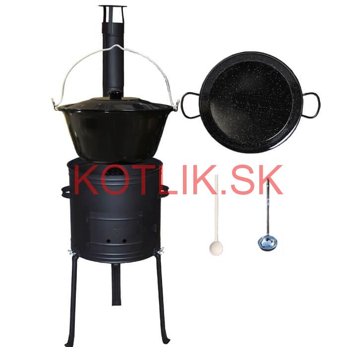 Smaltovaný kotlík 20 L + Paella panvica 46 cm + kovová kotlina s vysokými nožičkami 42 cm, žiaruvzdorná farba Plus 700