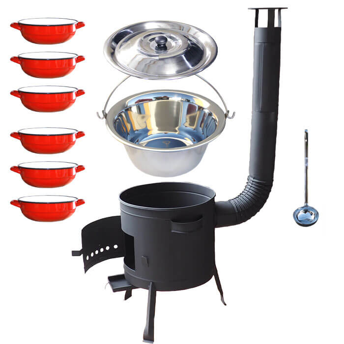 Nerezový kotlík 20 L (1,2 mm) INOX + selské misky 6 ks + nízka žiaruvzdorná kotlina 42 cm PLUS 600