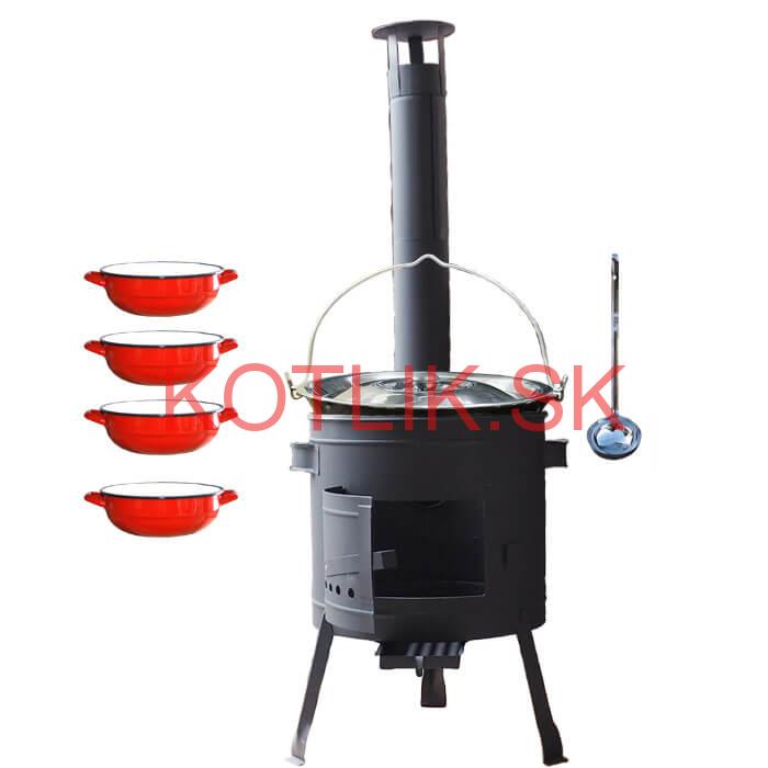 Smaltovaný kotlík 20 L + selské misky 4 ks + nízka žiaruvzdorná kotlina 42 cm PLUS 600