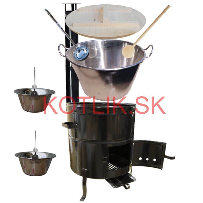 Zabíjačkový nerezový kotol 100 L, kovová kotlina 60 cm, smaltovaná pokrievka + 2 servírovacie antikorové kotlíky