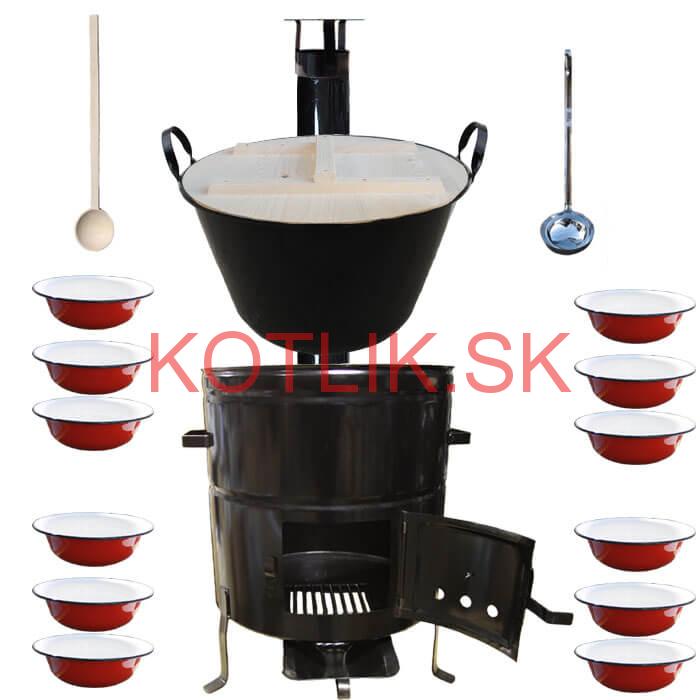 Smaltovaný kotol 100 L + smaltované taniere 12 ks + vareška a naberačka BIG PARTY