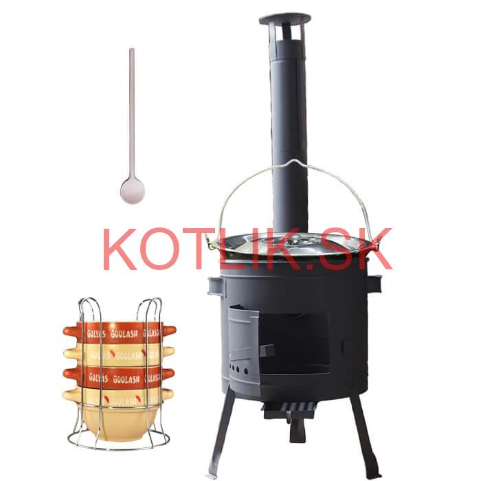 Smaltovaný kotlík 25 L (1,2 mm) + misky na guláš 4 ks + nízka žiaruvzdorná kotlina 42 PLUS 600