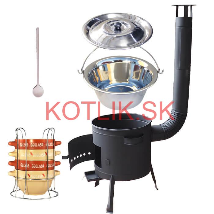 Nerezový kotlík 22 L (0,8 mm) INOX + misky na guláš 4 ks + nízka žiaruvzdorná kotlina 42 PLUS 600