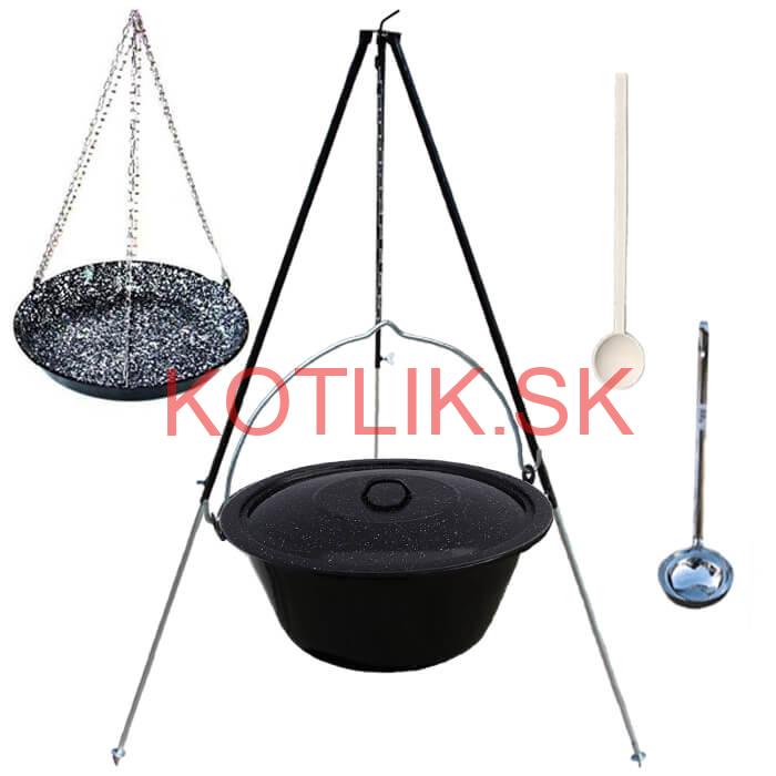Smaltovaný kotlík 30 L + panvica na grilovanie + teleskopická trojnožka