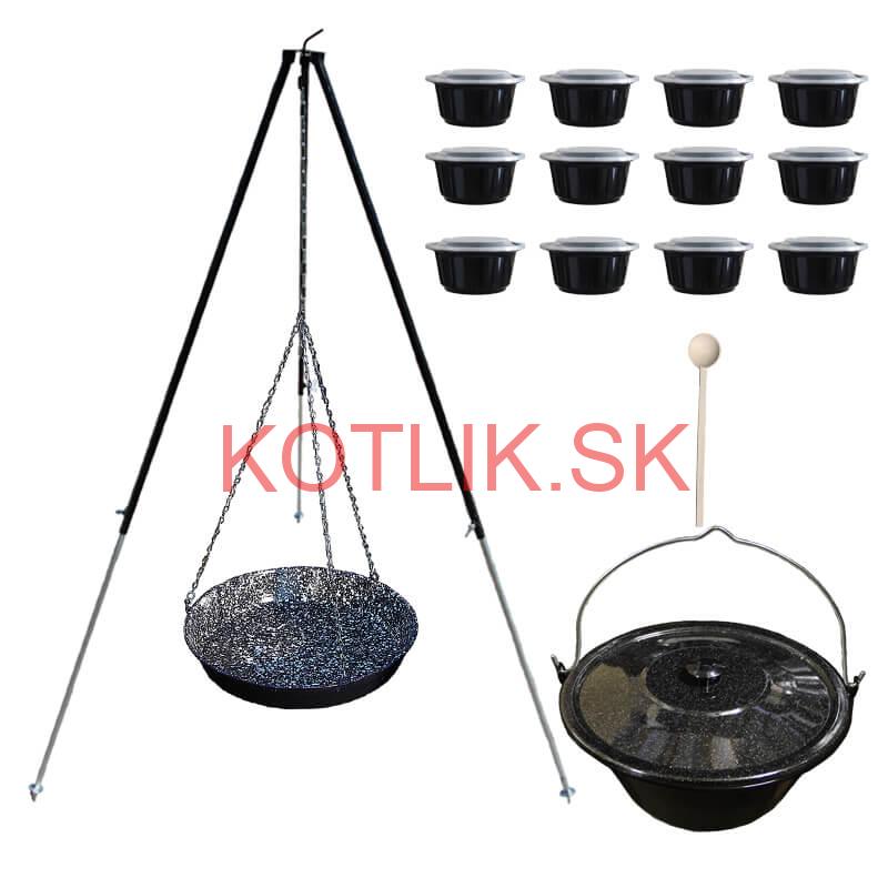 Smaltovaný kotlík 30 L + panvica na grilovanie + teleskopická trojnožka + misky 12 ks