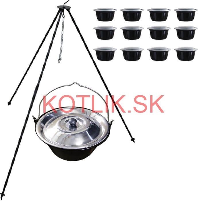 Smaltovaný kotlík 13 L + pokrievka + stojan + misky 12 ks