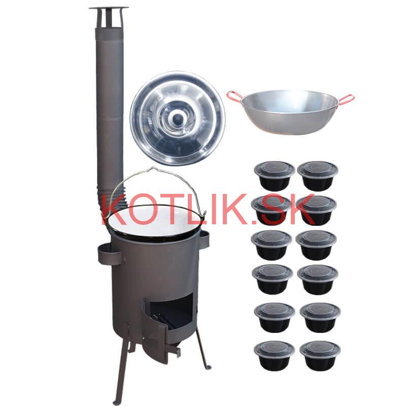 Smaltovaný kotlík 22 L + Panvica PAELLA (WOK) 45 cm + misky 12 ks + žiaruvzdorná kotlina 42 PLUS 600 s roštom na popol 4 mm