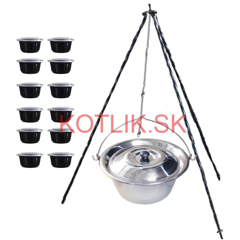 Nerezový kotlík 10 L (0,8 mm) + antikorová pokrievka + stojan + misky 12 ks