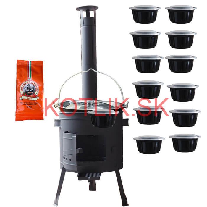 Smaltovaný kotlík 25 L (1,2 mm) + pokrievka + misky 12 ks + nízka žiaruvzdorná kotlina (0,8 mm) 42 PLUS 600