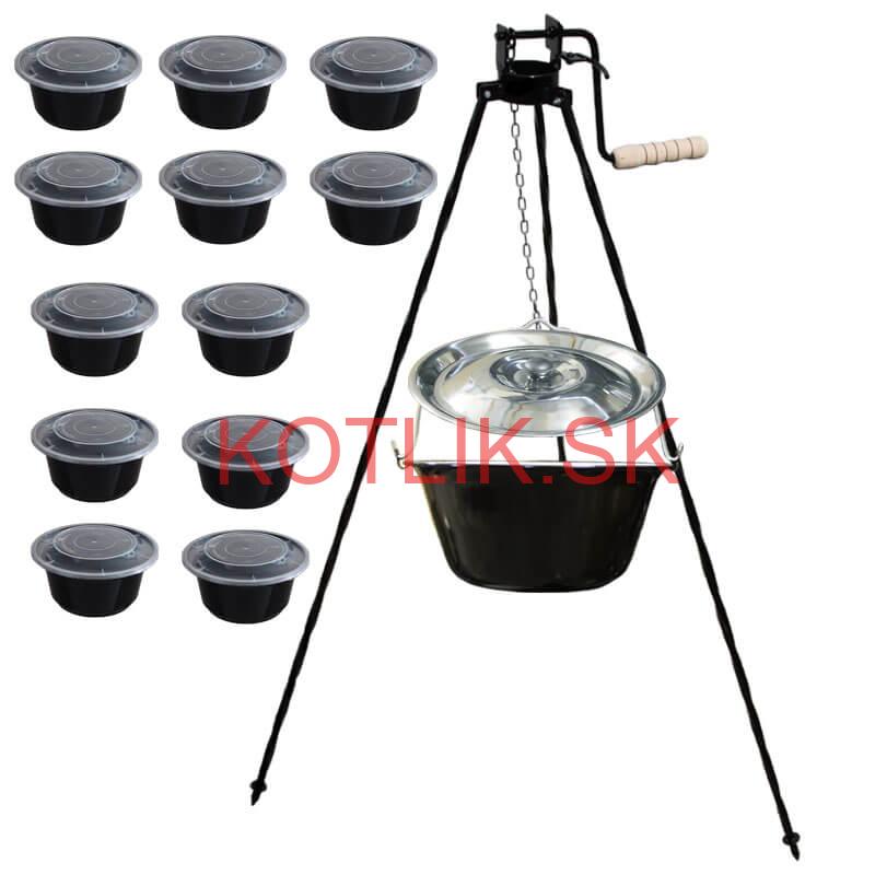 Smaltovaný kotlík 20 L + stojan s kladkou VAR + misky 12 ks