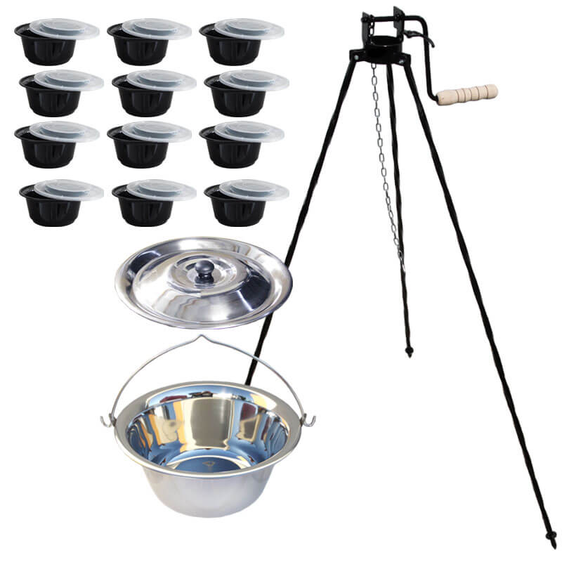 Nerezový kotlík 14 L (0,8 mm) INOX+ stojan s kladkou VAR + misky 12 ks