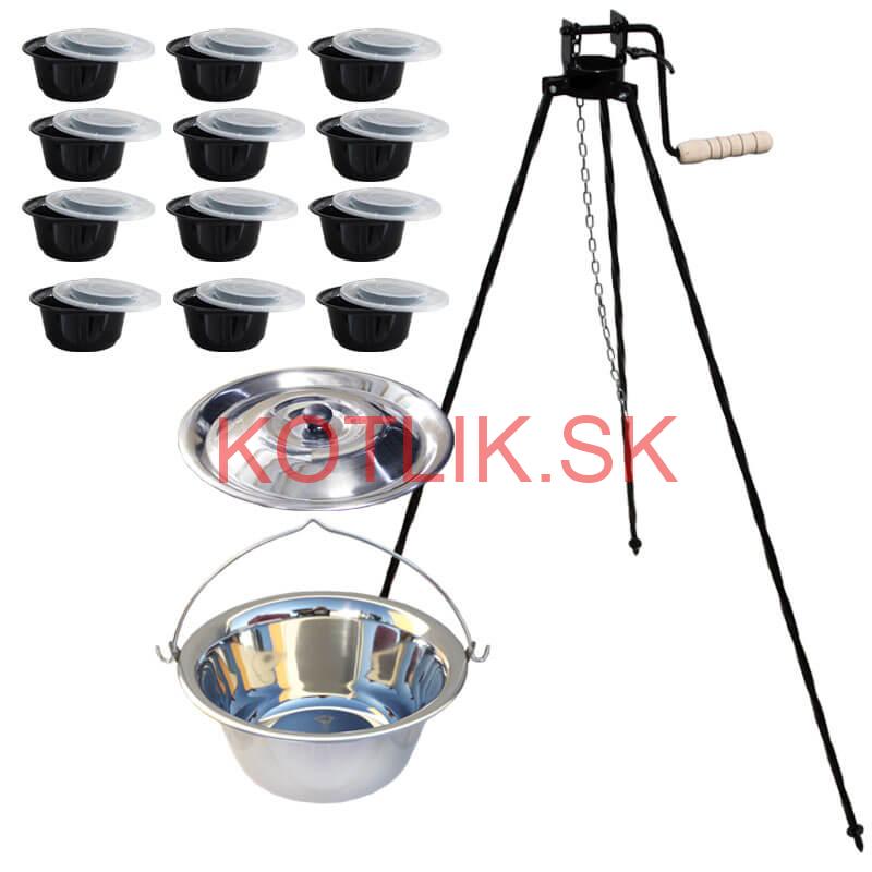 Nerezový kotlík 20 L (0,8 mm) + stojan s kladkou VAR + misky 12 ks