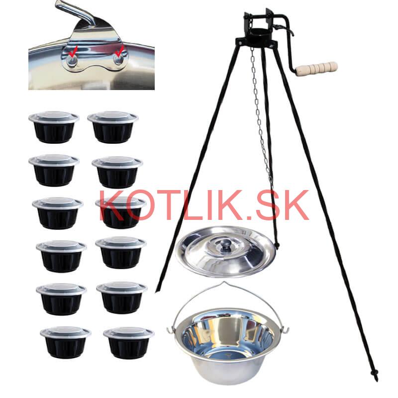 Antikorový kotlík 15 L (0,8 mm) s nitmi + stojan s kladkou VAR + misky 12 ks