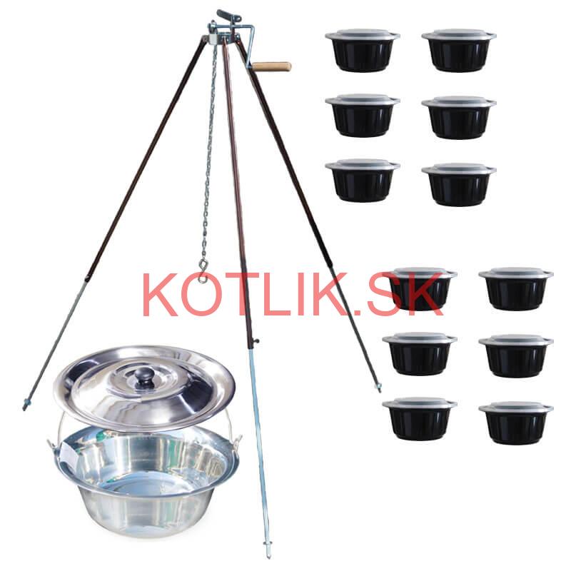 Antikorový kotlík 20 L (1,2 mm) + teleskopická trojnožka s poistnou kladkou + misky 12 ks