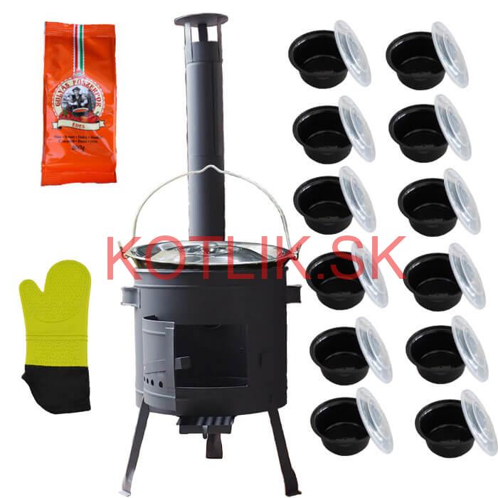 Smaltovaný kotlík 22 L (1,2 mm) + misky 12 ks + nízka žiaruvzdorná kotlina (0,8 mm) 42 PLUS 600