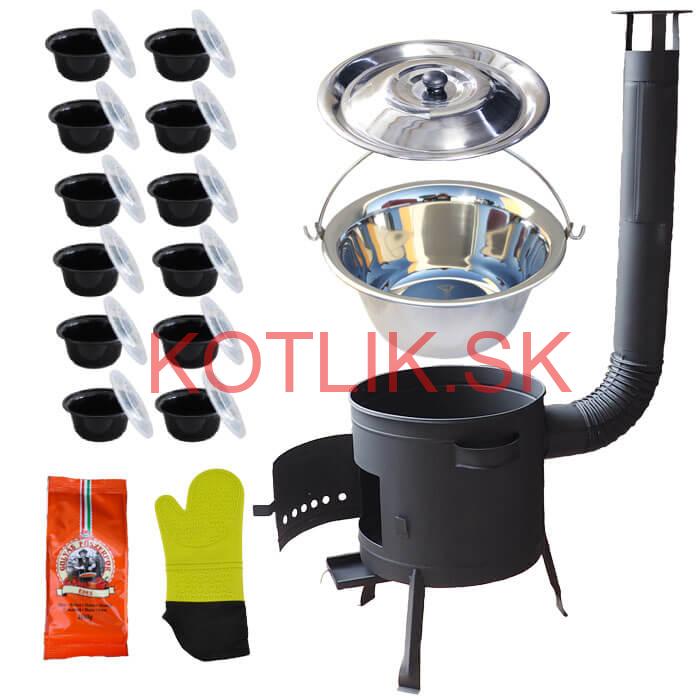 Nerezový kotlík 22 L (0,8 mm) + misky 12 ks + nízka žiaruvzdorná kotlina (1,5 mm) 42 PLUS 600