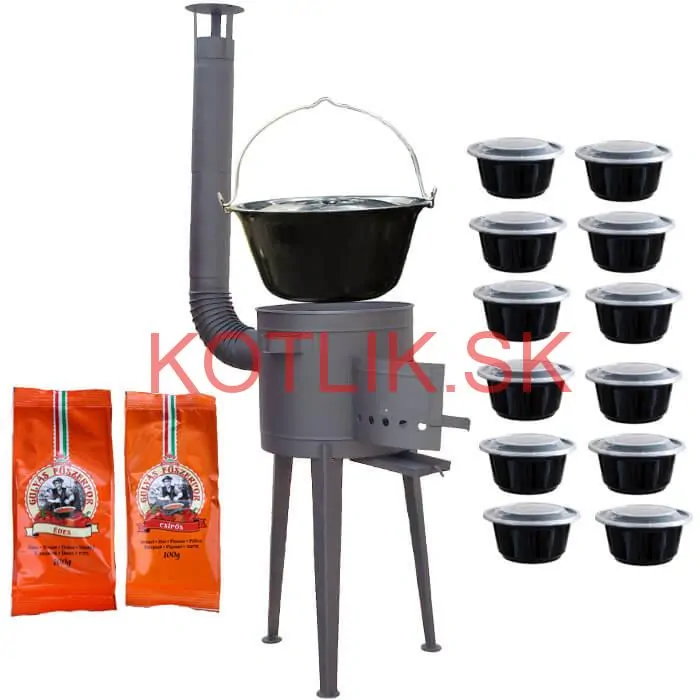 Smaltovaný kotlík 22 L (1,2 mm) + vysoká žiaruvzdorná kotlina (1,5 mm) HODO 42 cm PLUS 600 + misky 12 ks + 2 x korenie na guláš 100 g