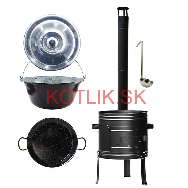 Smaltovaný kotlík 25 L + kovová kotlina + smaltovaná panvica 46 cm Paella
