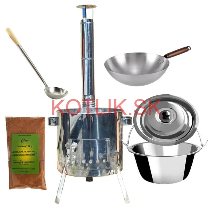 Nerezový kotlík 10 L (0,8 mm) + nerezová kotlina 31 INOX LUSTRO + Wok + korenie 50 g
